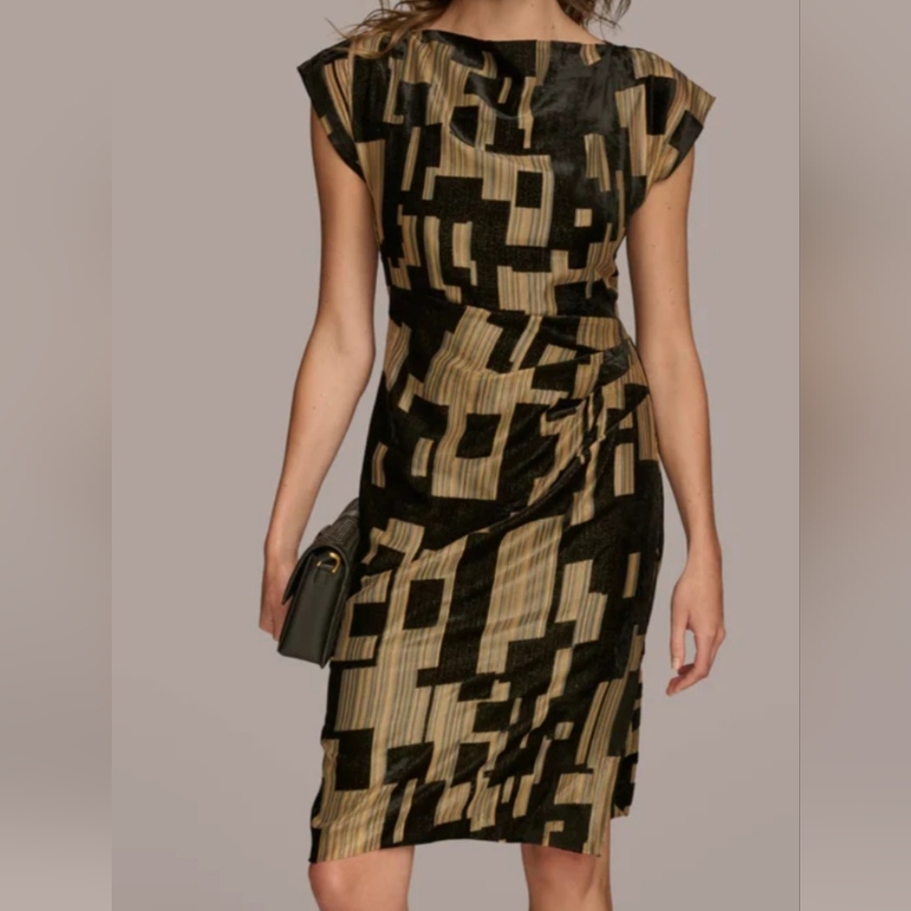 Donna Karan Velvet Burnout Sheath Cap Sleeve Dress: Black & Gold: Size- 20W